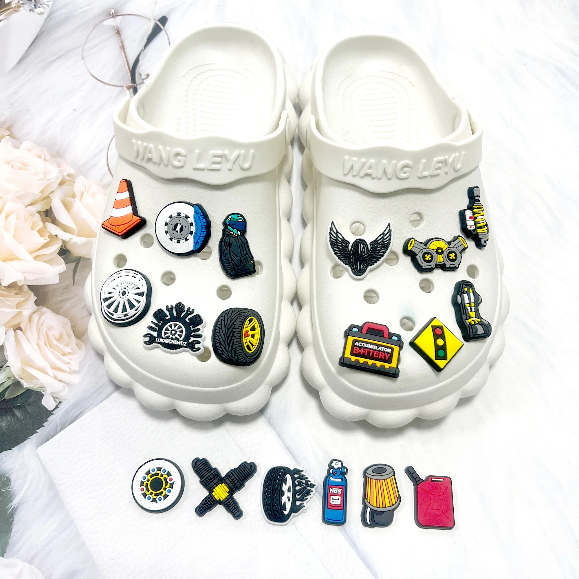 

18PCS Car Accessories Racer Gasoline Designer Style Shoe Charms PVC DIY Shoes Decoration Sandal Accessories Buckle for Kid Gift