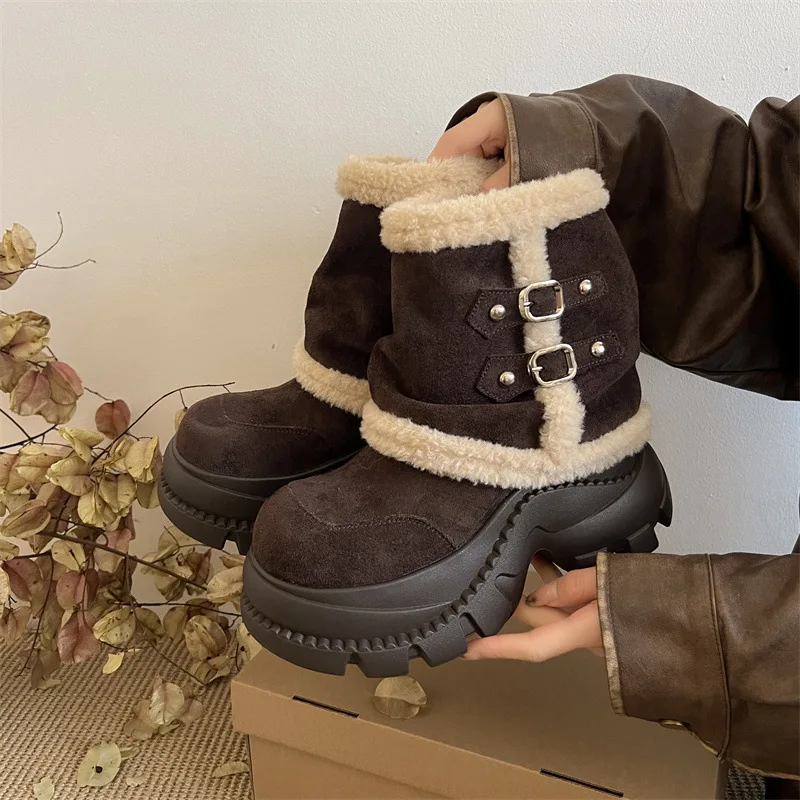 

Plus Velvet Warm Thick-soled Anti-ski Boots Woman's 2026 New Winter Outer Wear Lady's Anti-slip Heightening Warm Cotton Shoes