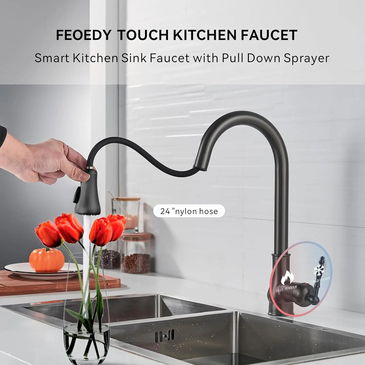 Kitchen Faucet Gray Black Sink Faucet with Sprayer, Touch Single-Hole Pulldown Kitchen Faucet, High Arch Black Gray Kitchen Sink