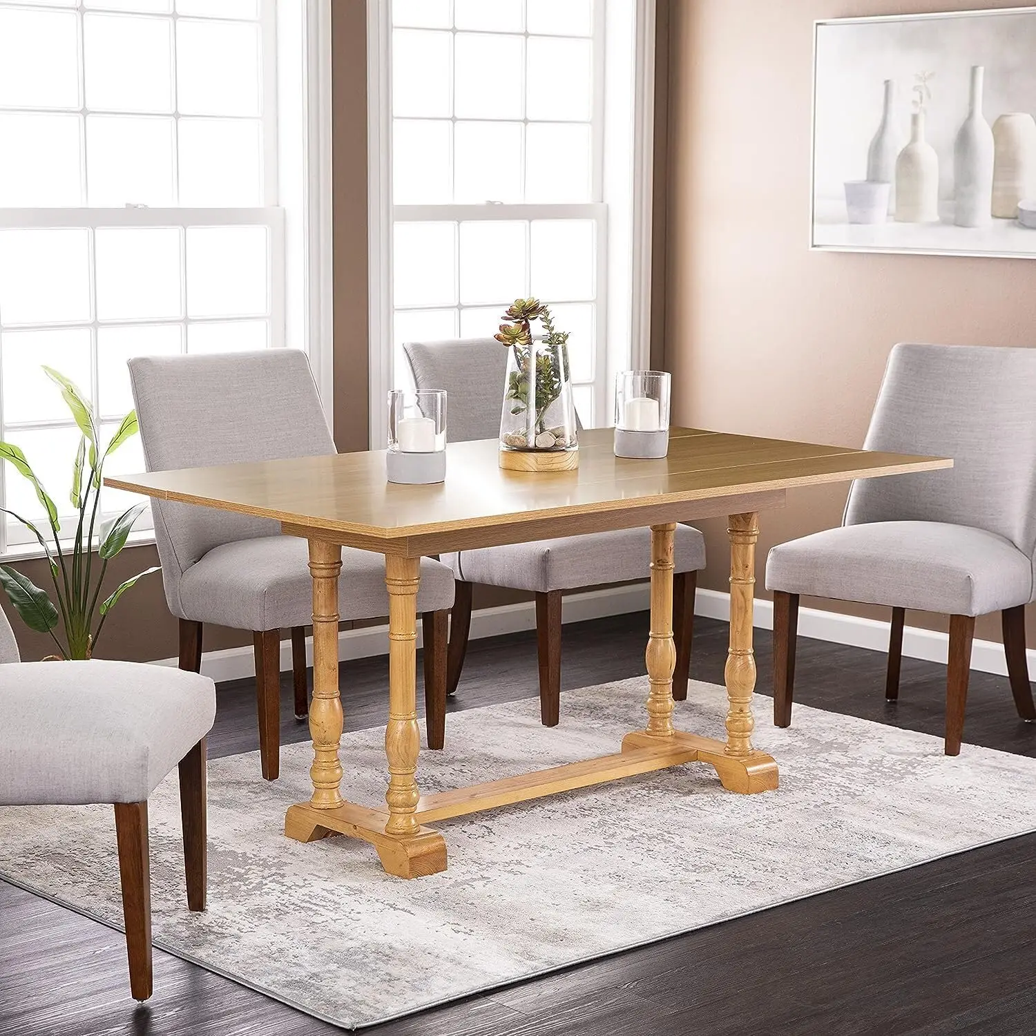 HomeStock Bohemian Bliss Natural Oak Farmhouse Folding Trestle Console to Dining Table with Convertible Top, Double