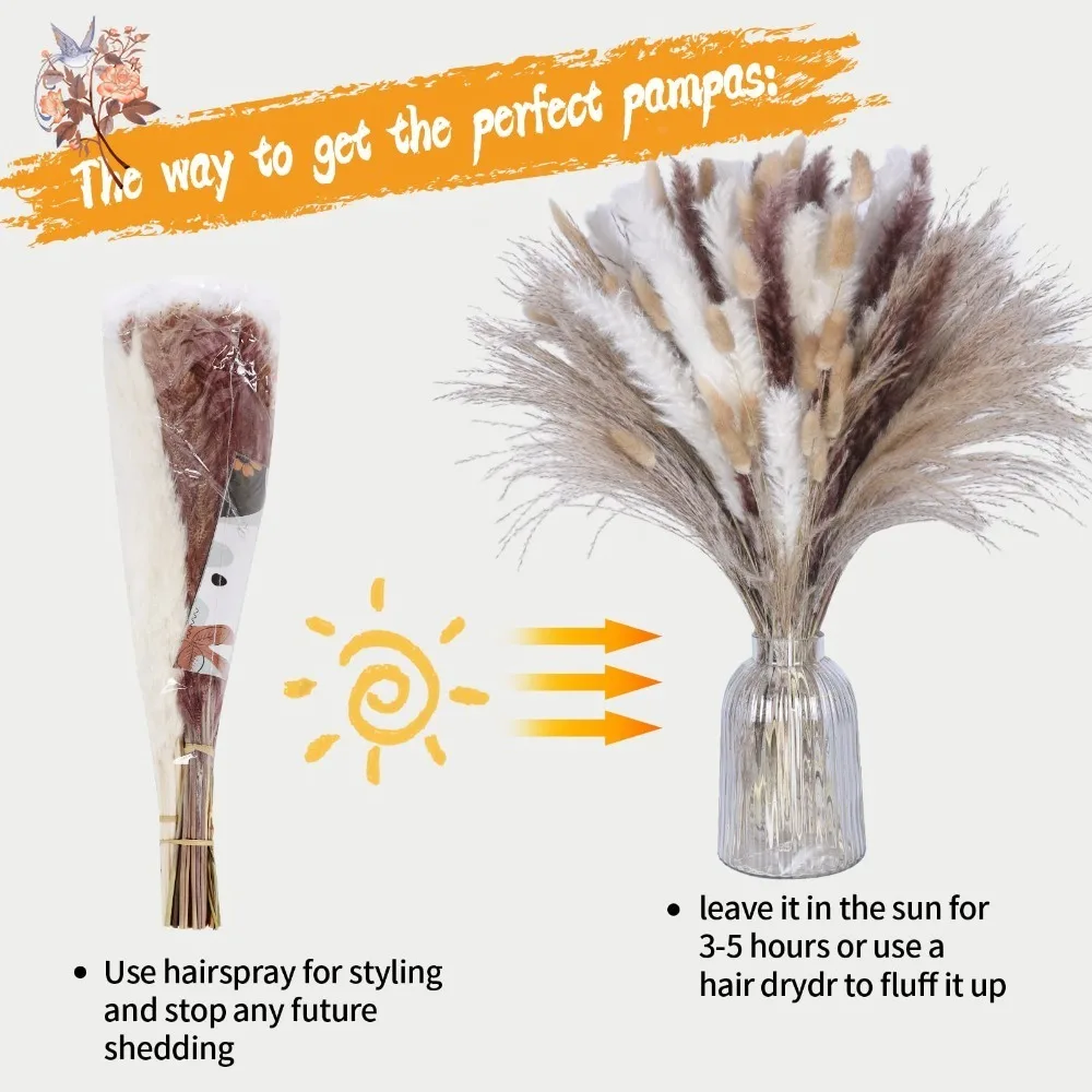 100 قطعة من الزهور المجففة الطبيعية رقيق بامباس الديكور الزفاف الحقيقي أرنب ذيول العشب باقة بوهو ريفي ترتيب المنزل #5