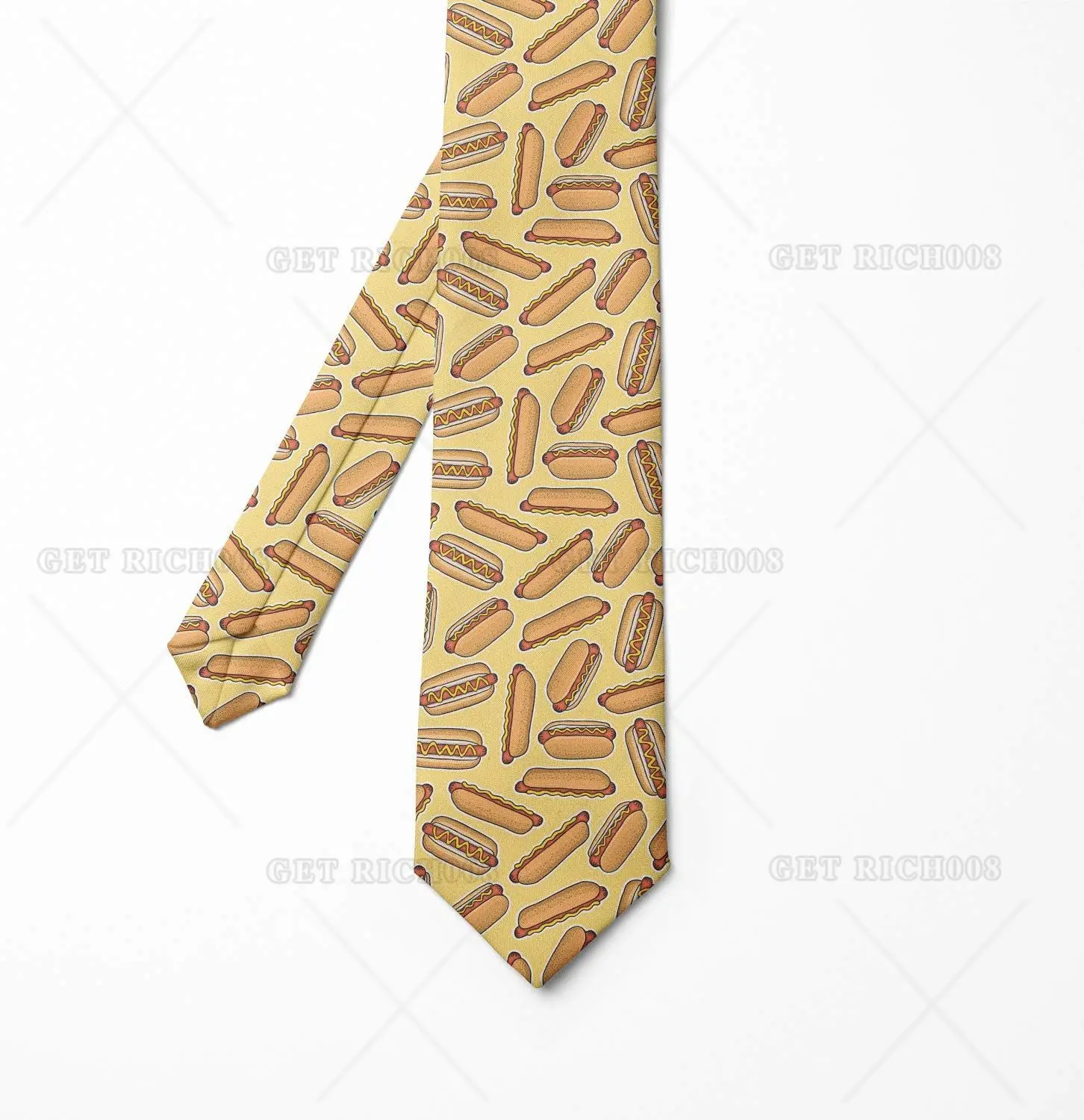 Ambesonne Hot Dog Men's Tie, Continuous Pattern of Fast Food Delicious Bread Sausage and Mustard Print, 3.7