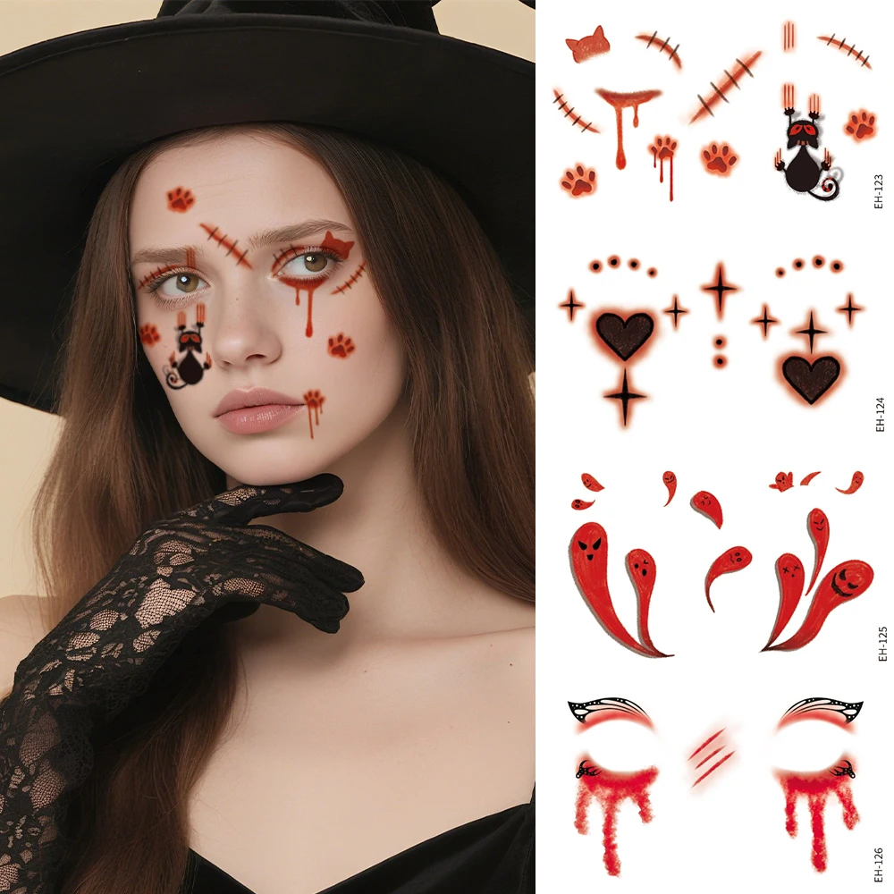 Autocollants de tatouage pour les yeux d'halloween, 12 pièces, fantôme rouge, sang, papillon, chat noir, Rose, toile d'araignée, Design, fête de vacances, tatouages de visage amusants