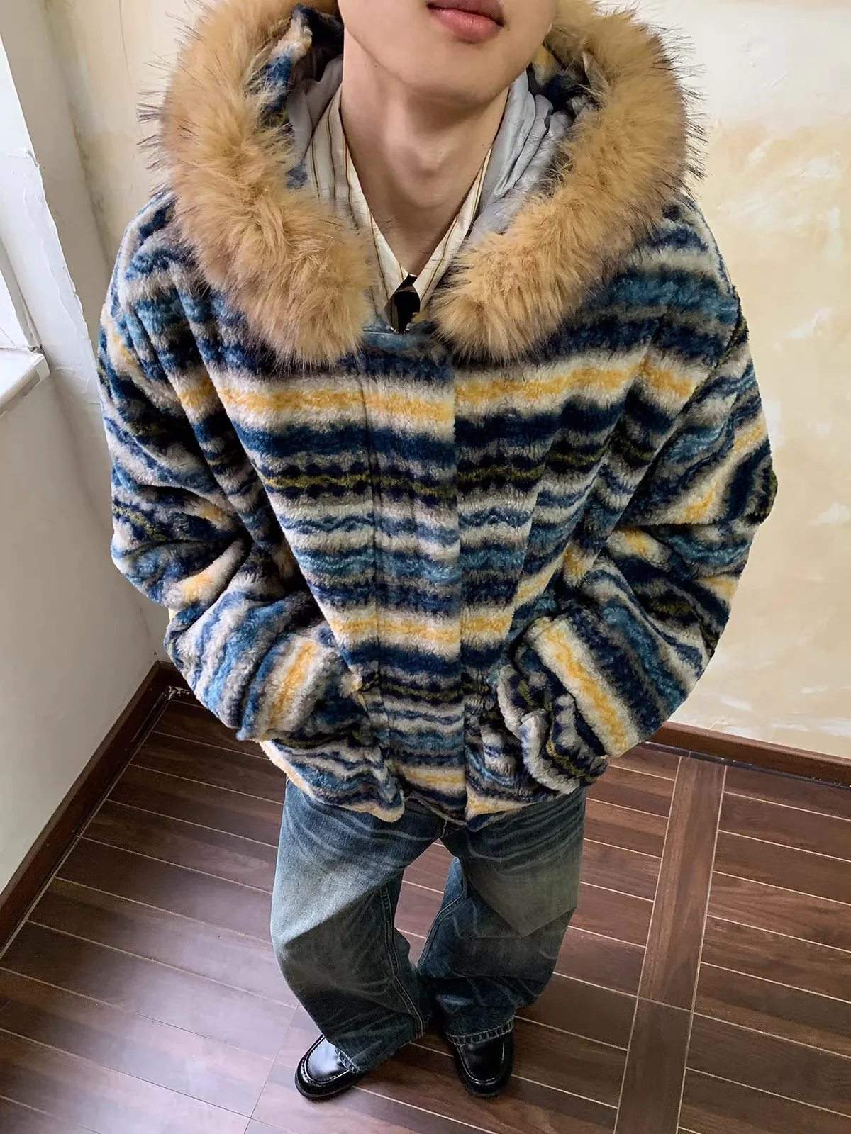 

American Retro Fair Isle Color Blo Hat Cotton Jaet Men Winter Thi Warm Versatile Couple Casual Long Sve Hooded