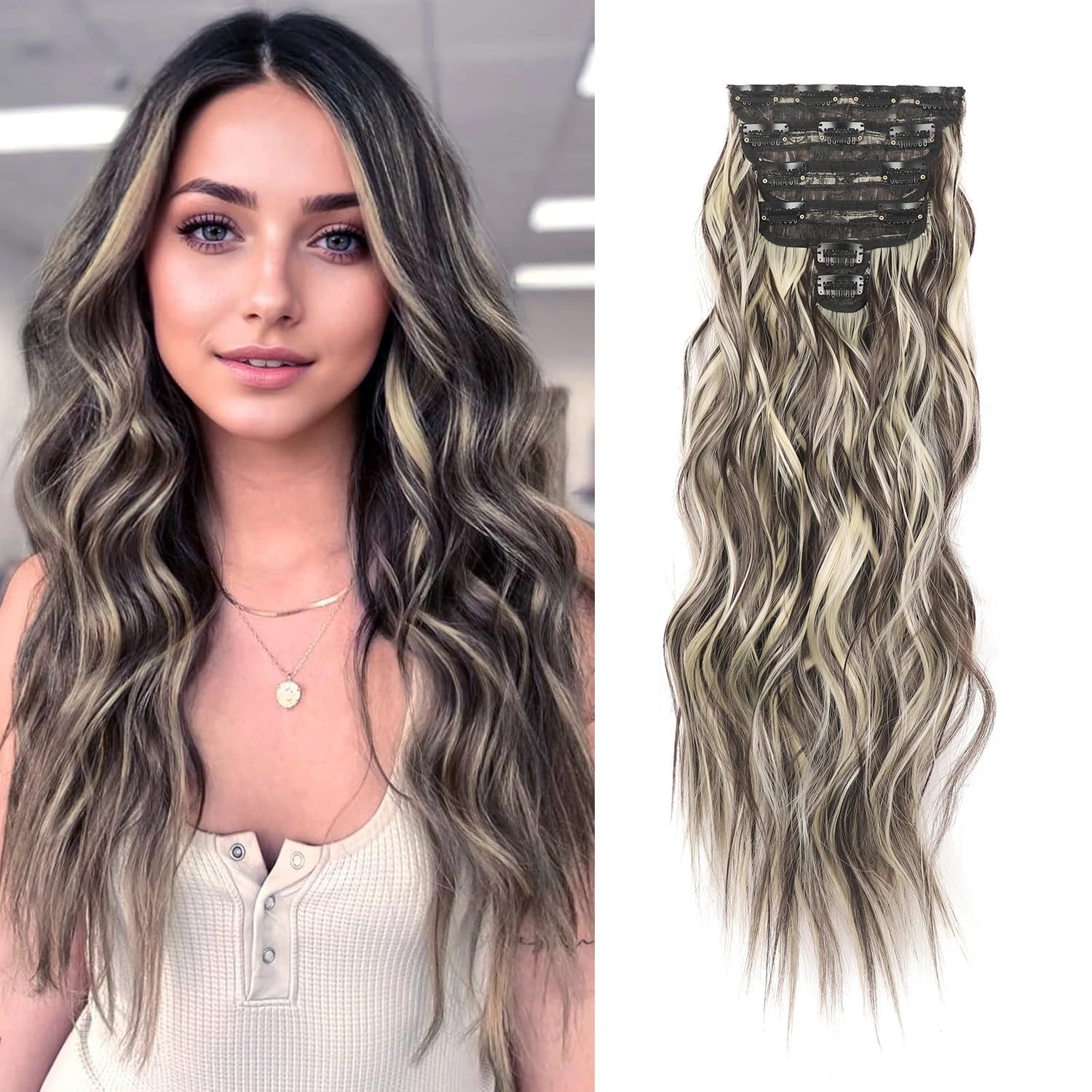 4PCS Thick Synthetic Hair Clip in Hair Extensions Long Beach Waves hair Invisible Lace Weft Natural Soft Hairpieces for Women