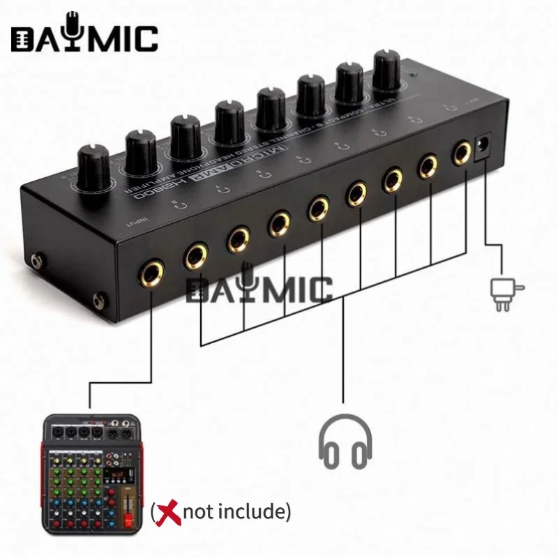 Factory 8channels audio Headphone Amplifier mixer HA800 metal Stereo Earphone Splitter AMP 4 channels for Music Mixer Recording