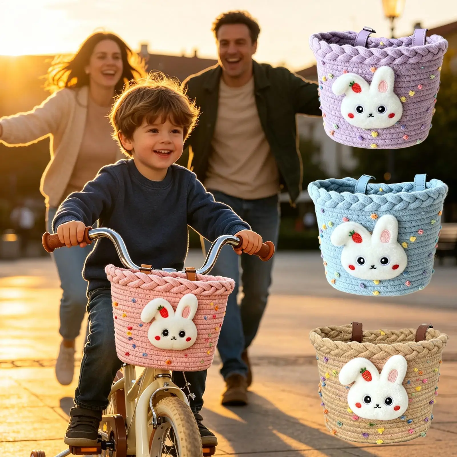 Kids bicycle basket Easter Gift Basket Hand Woven Cotton Thread Gift Storage Basket Multi-Purpose Long Handle Tote Basket School