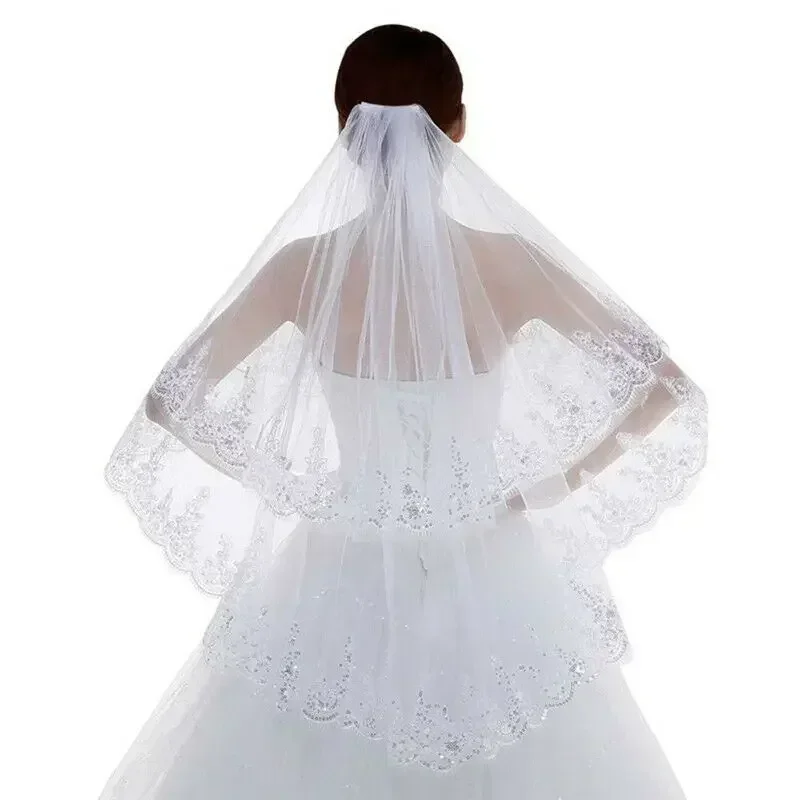 Women 2 Tier Sequins Flower Edge 80cm Length Short Bridal Wedding Veil Comb