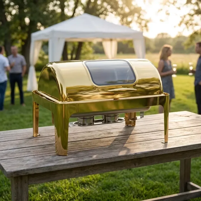 Premium 9L Gold Buffet Server Roll Top Chafing Dish with Large Viewing Window for Professional Catering