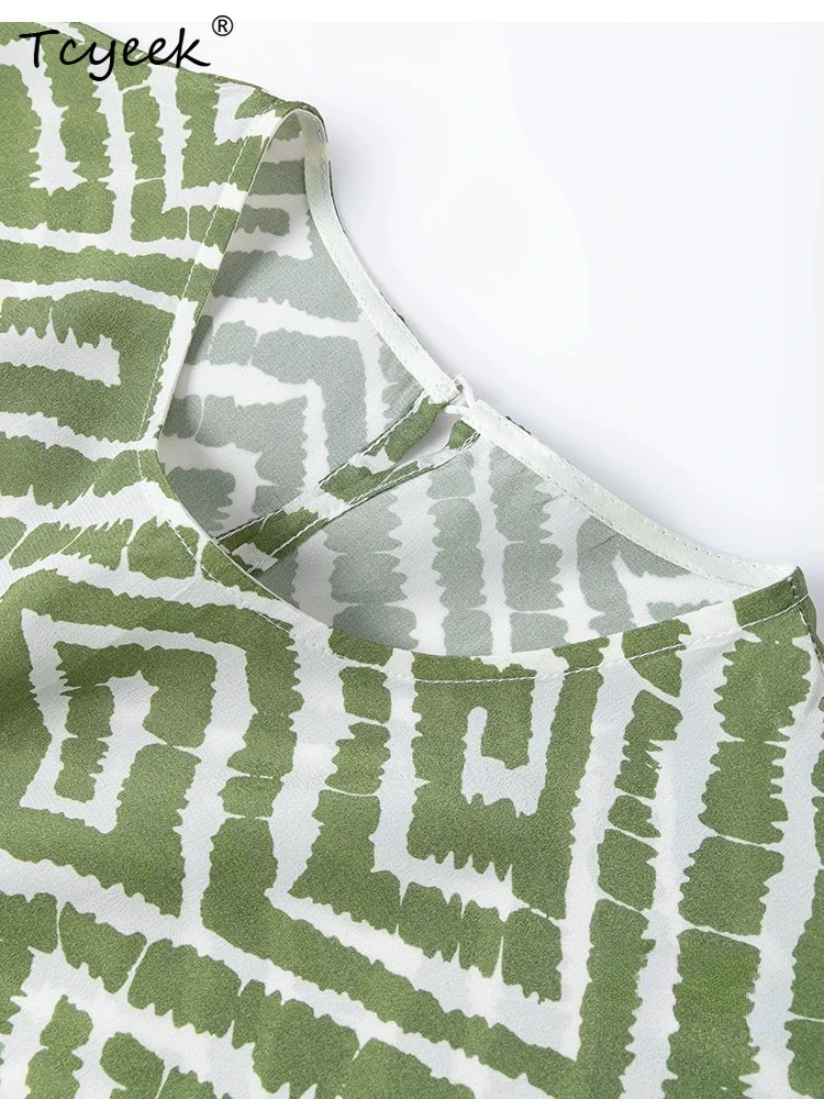 Tcyeek 100% Real Silk Women T Shirt 2026 Spring Summer Green and White Geometric Pattern Casual Top Female Clothes Ropa De Mujer