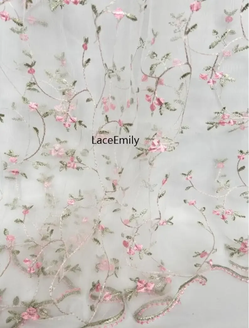 7 Colors Small flower Embroidery Lace Fabric Green Leaves Floral Tulle Fabric for wedding bridal lace dress veil lace 51