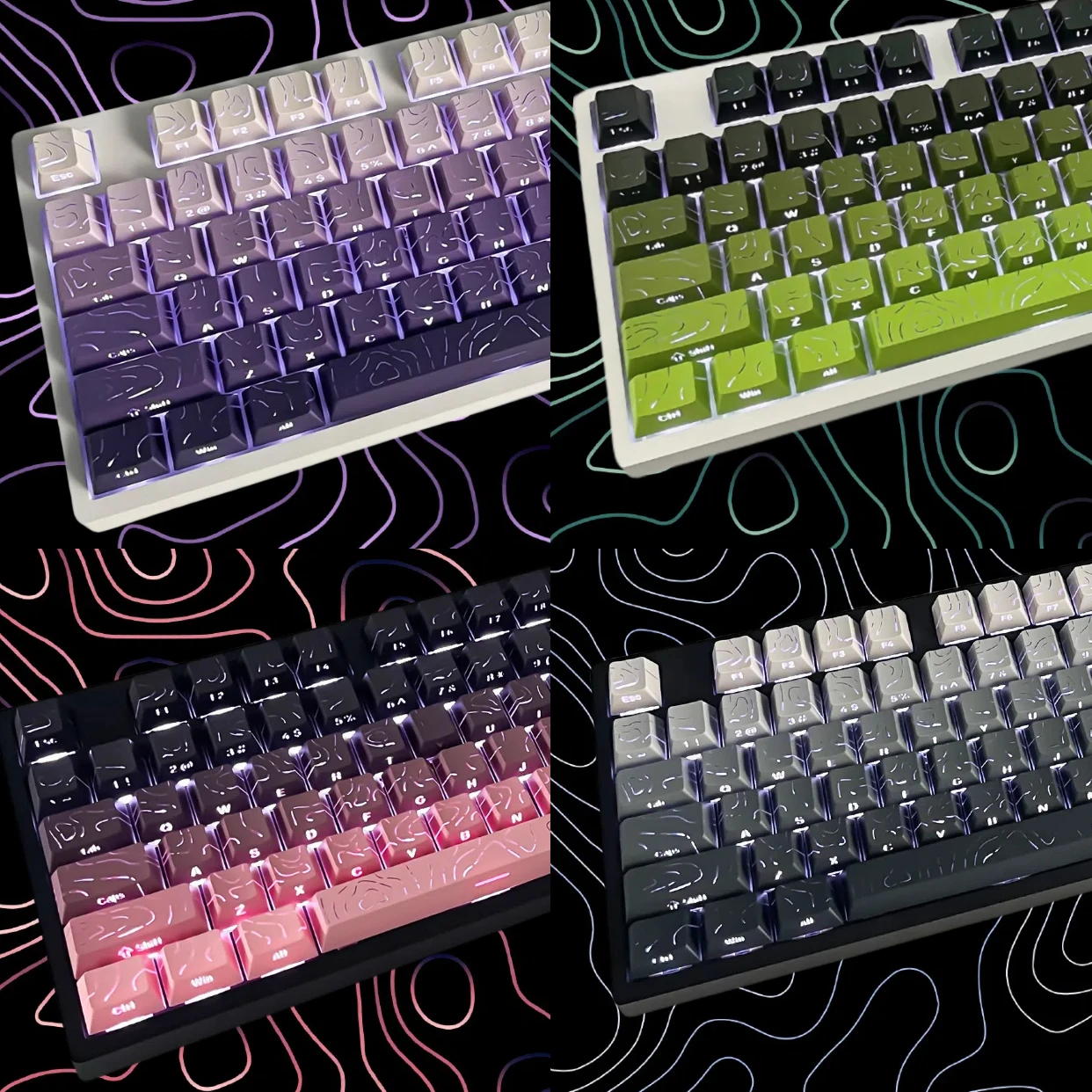 Lines Gradient Translucent Sided Printed Cherry Profile Keycaps for Gaming Mechanical Keyboard PBT Purple Green Key Caps