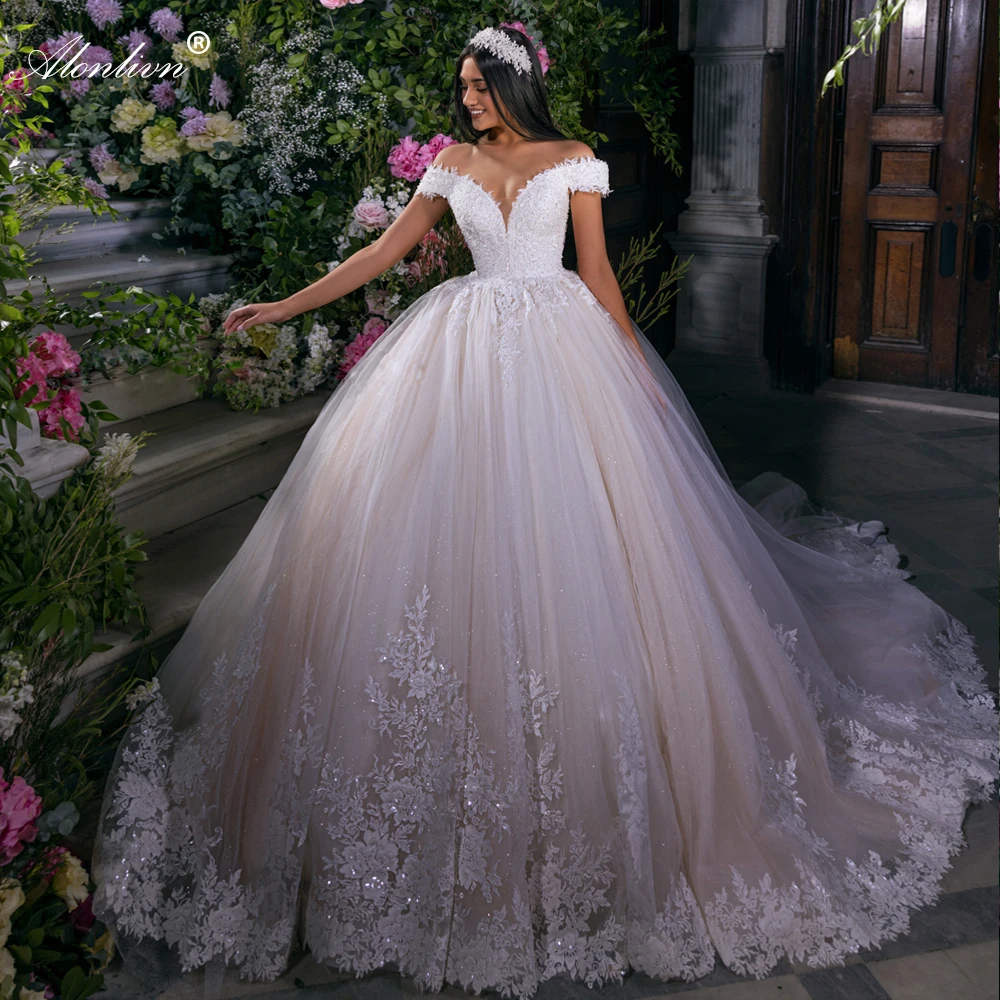 

Alonlivn Elegant V-Neck Ball Gown Wedding Dresses With Beading Embroidery Lace Off Shoulder Sleeves Princess Bridal Skirts