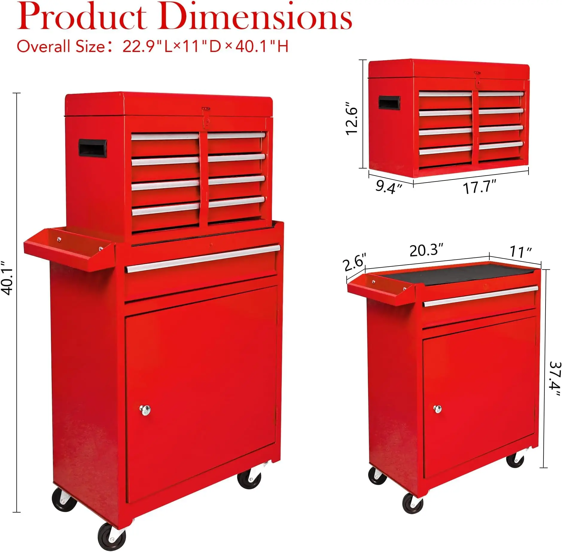 Tool Chest with 5 Drawers, Tool Cart with 7 Organizer Tray Divider Set & Wheels, Large Rolling Tool Box Organizer for Garage