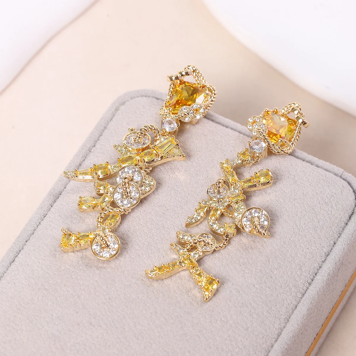 

925 Silver Needle Chinese Character Shaped Citrine Drop Earrings, Gold-Tone Statement Jewelry for Women Party Daily Wear