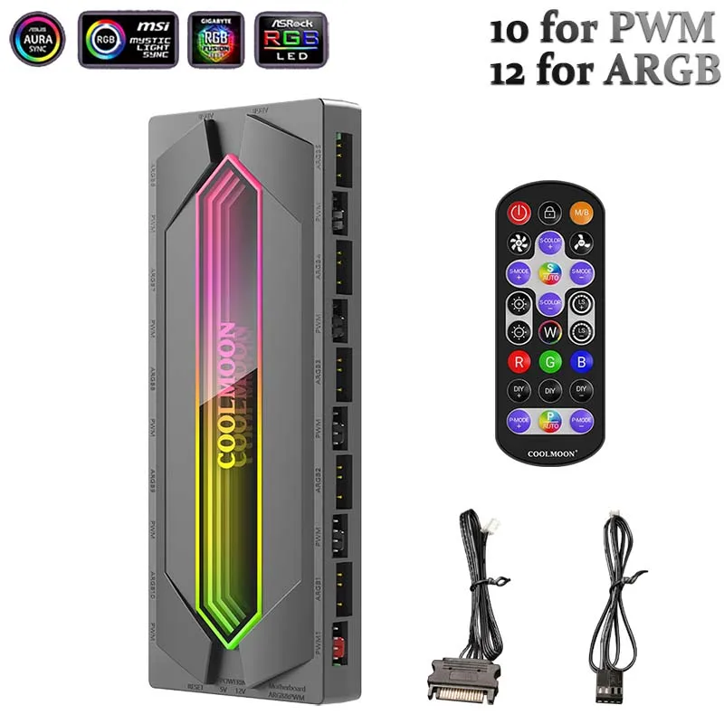 ARGB & PWM 22 Splitter Hub Controller 4Pin CPU Cool Fan 5V 3Pin ARGB Aura Async/Sync/Remote Control Magnet SATA PC Case Coolmoon