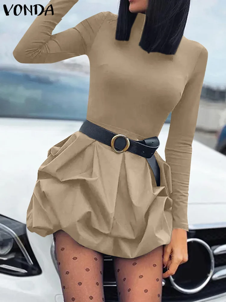 

2024 Elegant Well Fitting Long Sleeve Vestidos VONDA Women Solid Color Mini Dress Sexy Club Party Sundress Casual Pleated Robe