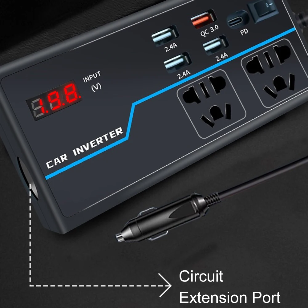 พอร์ต8ช่องเสียบเครื่องแปลงกระแสไฟรถยนต์ป้องกันการโอเวอร์โหลดอะแดปเตอร์แปลงไฟ200วัตต์ usb/pd/ Type-C 12V/24V เป็น AC 110V/220V