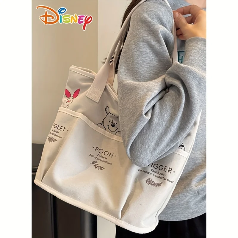 Disney Winnie The Pooh Printed Canvas Tote Bag Retro Shoulder Bag Large Capacity Multi Pocket Light Handbag Student Commuter Bag