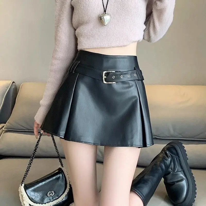 Spice Girl Silver Pu Leather Skirt Women's Autumn and Winter High Waist A Word Hip Skirt with Belt
