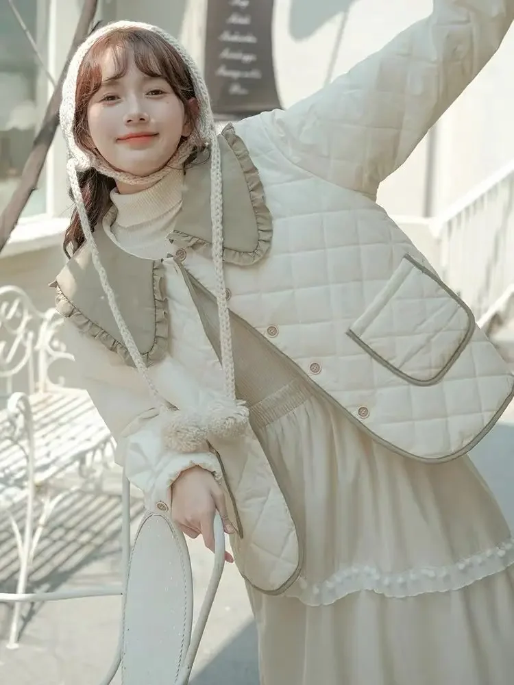 Vintage Cotton Padded Jacket Women Japanese Ruffled Peter Pan Collar Lolita Parka Winter Warm Tops Patchwork Quilted Coat