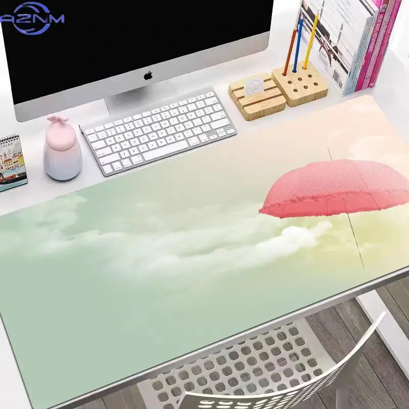 Calm Green Sky Pink Umbrella Scene Mouse Pad, Waterproof Non‑Slip Mouse Mat for Relaxing Desk Setup
