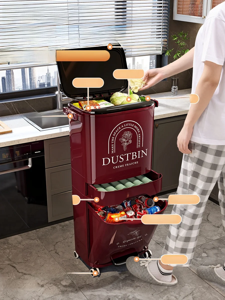 

Kitchen Waste Bin High Model Large Capaci No Bending over Mobile Home Use Wet And Dry Separation Garbage Can for Household