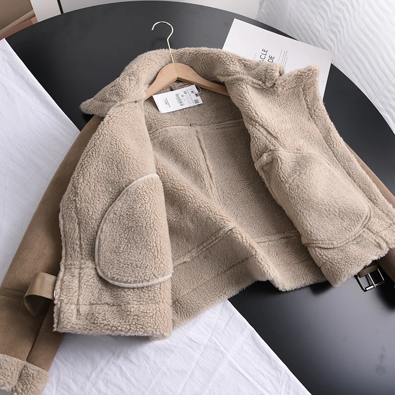 Winter Thick Parka Warm Suede Lamb Fur Jacket Women Faux Shearling Sheepskin Leather Jackets Outwear Short Motorcycle Biker Coat