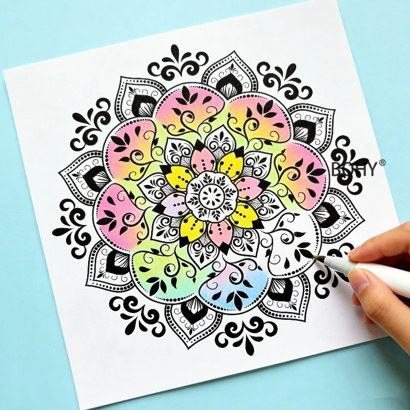 A Mandala Painting Album, with Mandala Lotus Symmetrical Flower Pattern Theme Thread Painting Patterns, 12 Pages, Large-sized