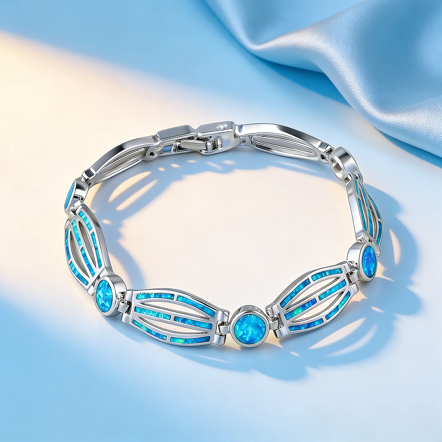 Blue Opal Art Deco Link Bracelet for Women, Geometric Inlaid Opal Statement Bracelet, Minimalist Ocean Inspired Jewelry Gift