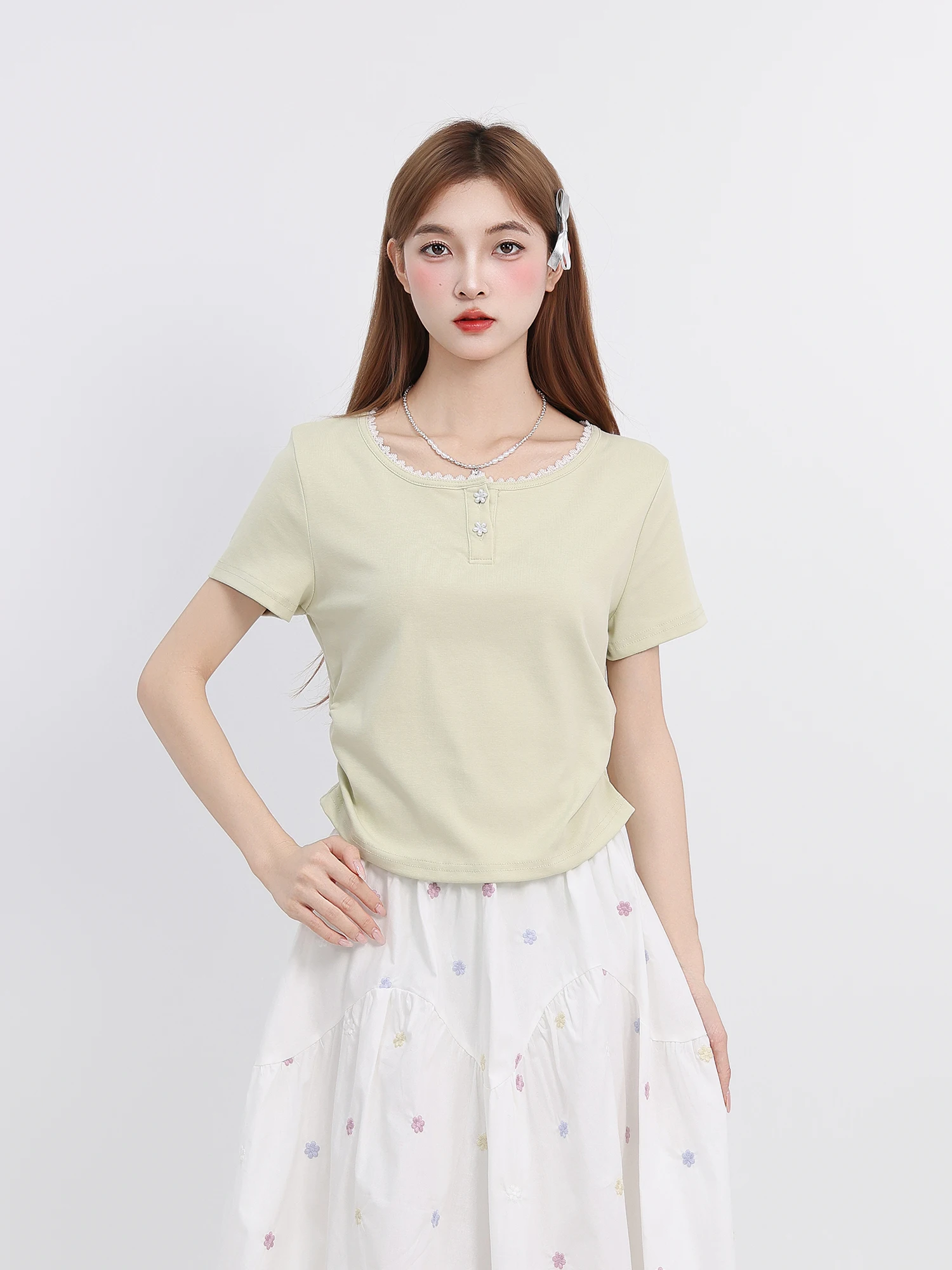  Green Lace Trim Short Sleeve T-Shirt Women's Summer Waist Cinched Halftone Neck Top Korean Style Commute Fashion