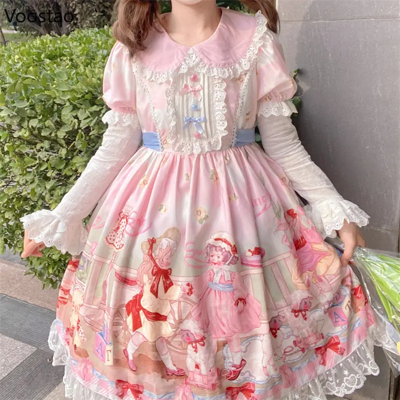 Japanische kawaii lolita Kleid Frauen süße Cartoon geheimen Garten drucken Tee Party Kleider Mädchen niedlichen Peter Pan Kragen Spitze Vestidos