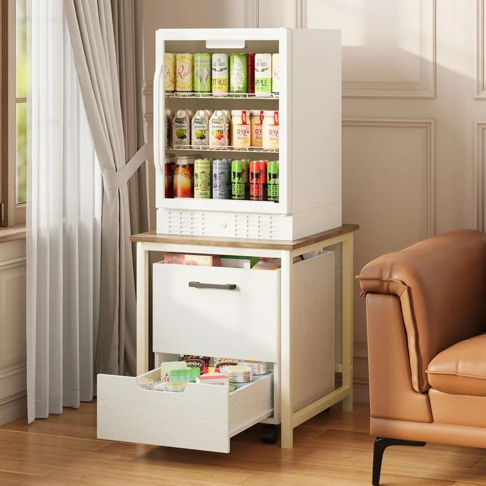 

Mini Fridge Stand with Freestanding Movable Cabinet & Lockable Wheels, 2 in 1 Multi-funtional Storage Cabinet with Drawe