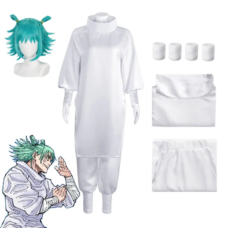 Disfraz de Cosplay de Anime Jujutsu JJK Manga Kashimo Hajime, Peluca Turquesa, Top Blanco, Pantalones Elásticos, Traje para Convento de Anime, Fiesta de Halloween