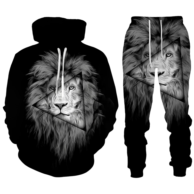 Trend Animal The Lion 3D Print Men\'s Tracksuit Sets Casual Hoodie And Pants 2pcs Sets Oversized Sweatshirt Fashion Men Clothing