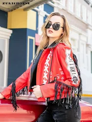 Red Faux Leather Fringed Jacket Women 2024 Trend Punk Rock Style Streetwear Motorcycle Graffiti Printed Leather Jackets