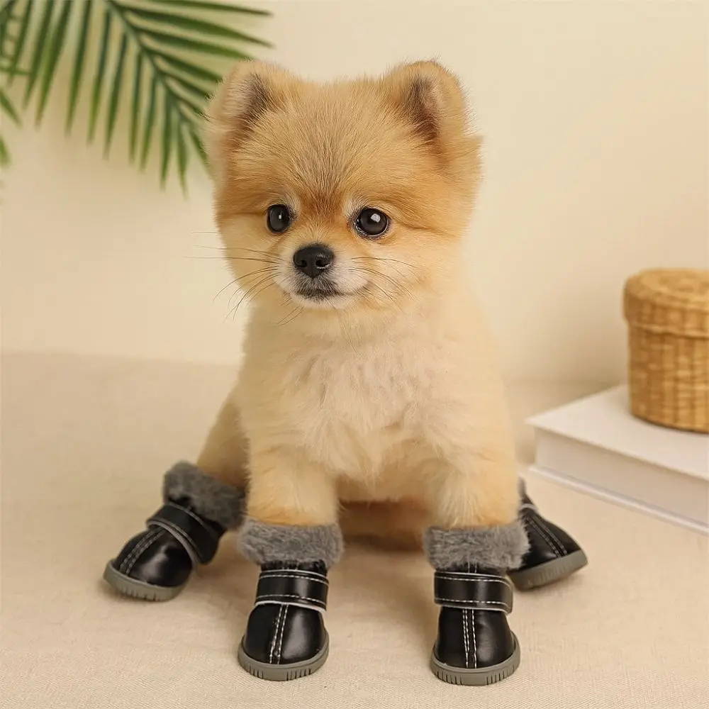 4PCS Plush Winter Pet Dog Shoes Non Slip Anti-Freezing Dog Snow Boots Wear-resistant Warm Dog Fleece Shoes Outdoor Use