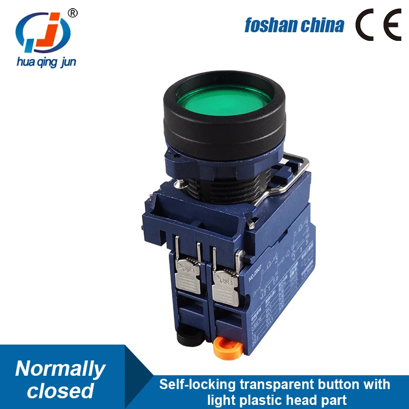 Huaqingjun Transparent Button Red Green Yellow Led Self-locking NC Push Button Switch for Relay