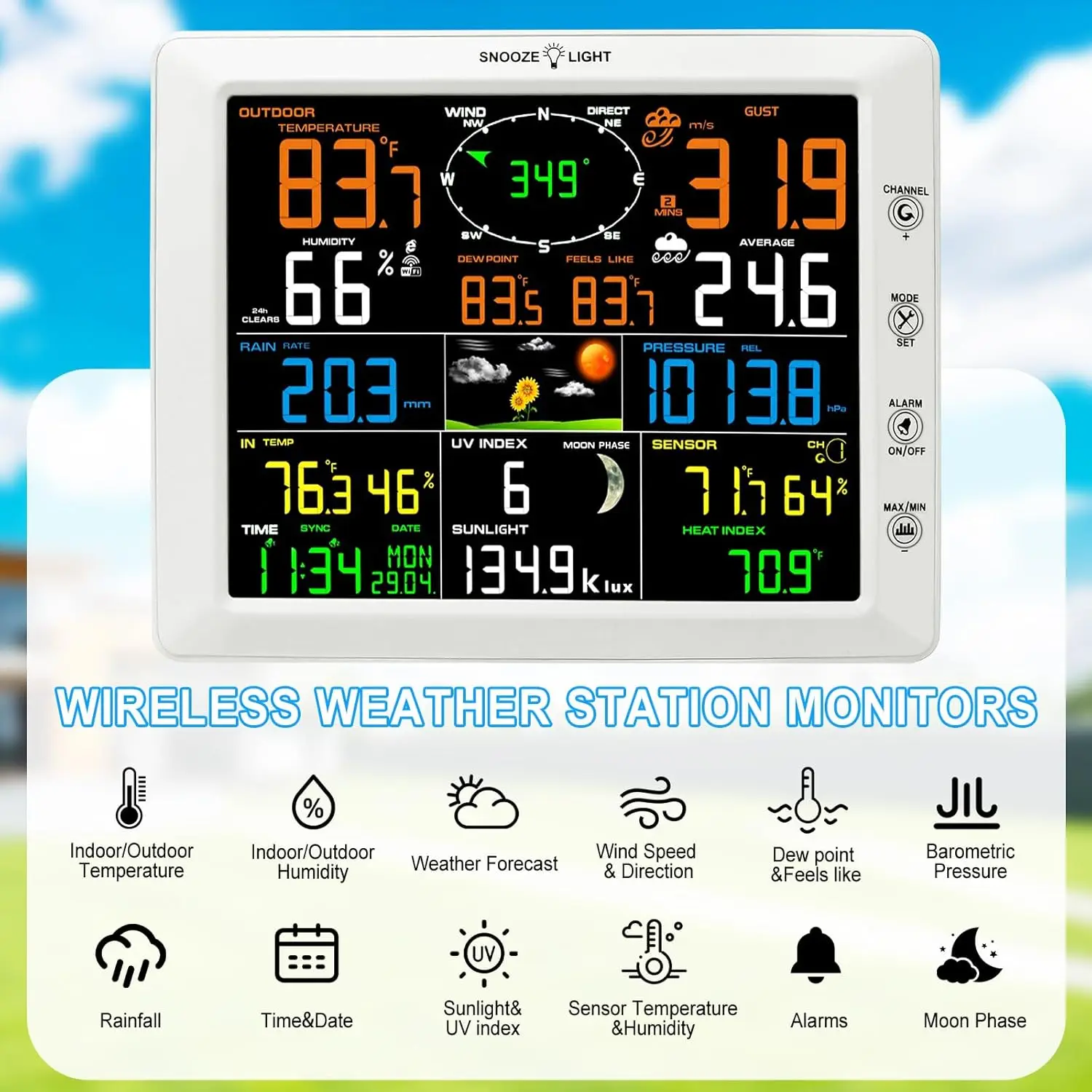WiFi Weather Station with 8.3 inch Color Display Wireless Outdoor Sensor Measures Rain Gauge Wind Speed/Direction Temperature UV