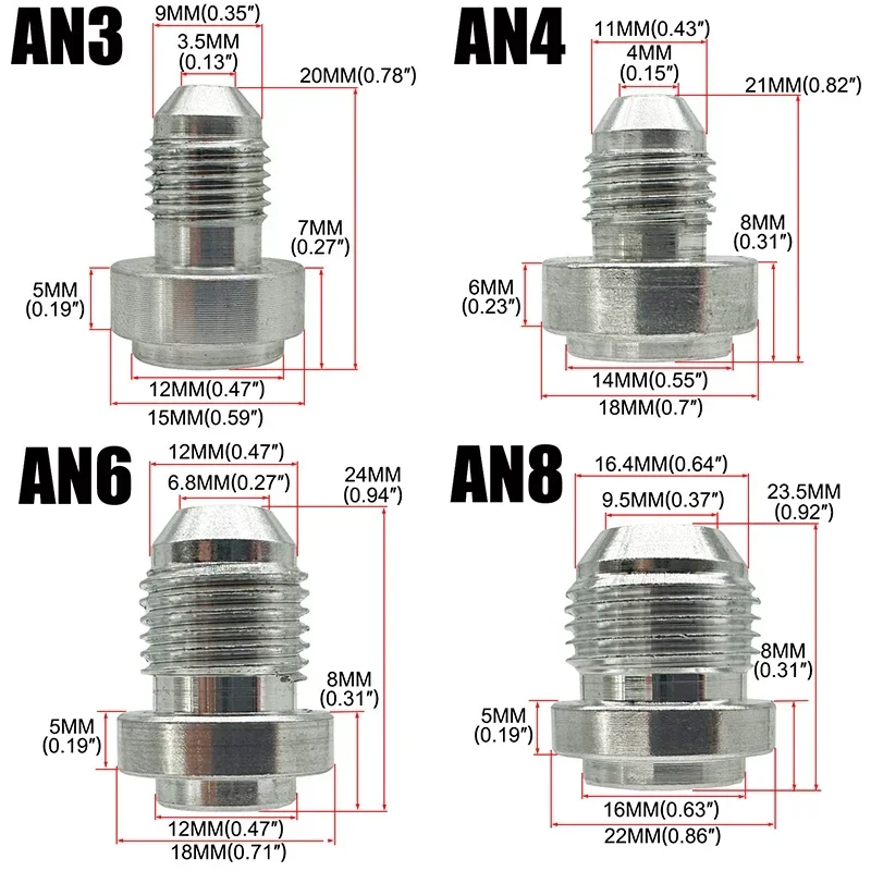 2X AN3 AN4 AN6 AN8 AN10 AN12 AN16 AN20 Male Weld On Fitting Adapter Weld Bung Aluminum Fuel Hose Pipe Straight Fitting Silver