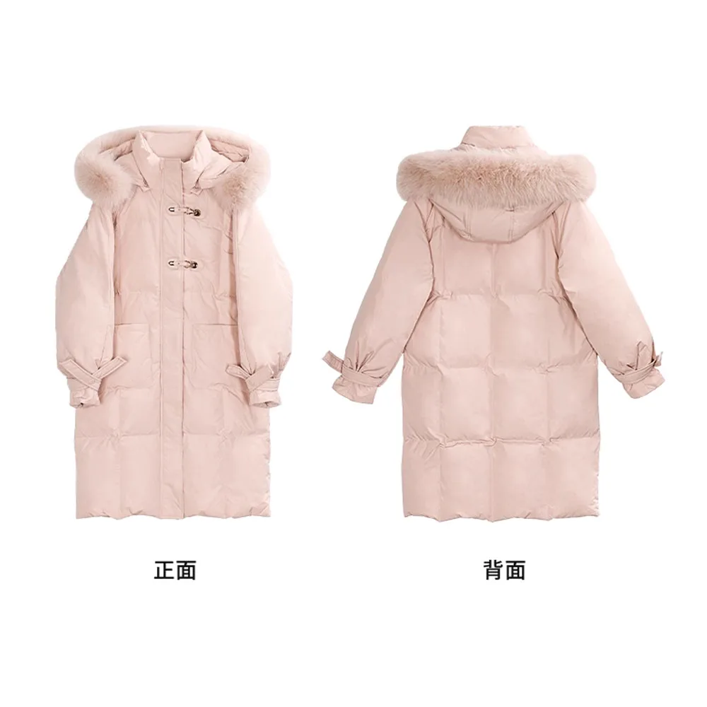 ALXNAN Women's Winter Down Jacket 2025 Winter Pink Thick Warm Jacket 90 White Duck Down Real Fur Collar Hooded Coats LXN329119
