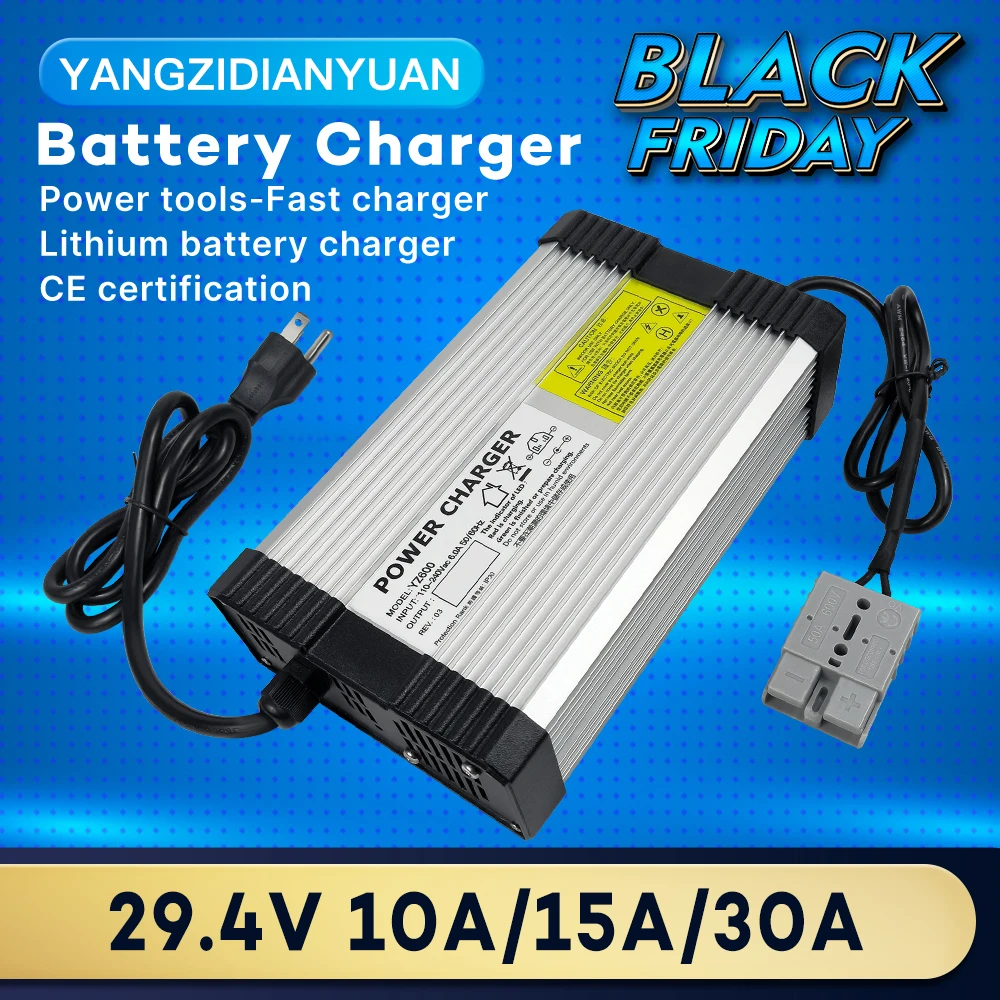 29.4V 10A 15A 30A lithium battery charger 7S 24V charger high quality charging power adapter input 110-240Vac with fan