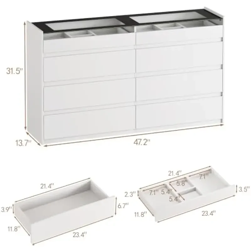 8-drawer bedroom storage unit with glossy tempered glass top and integrated LED illumination in pristine white finish measuring