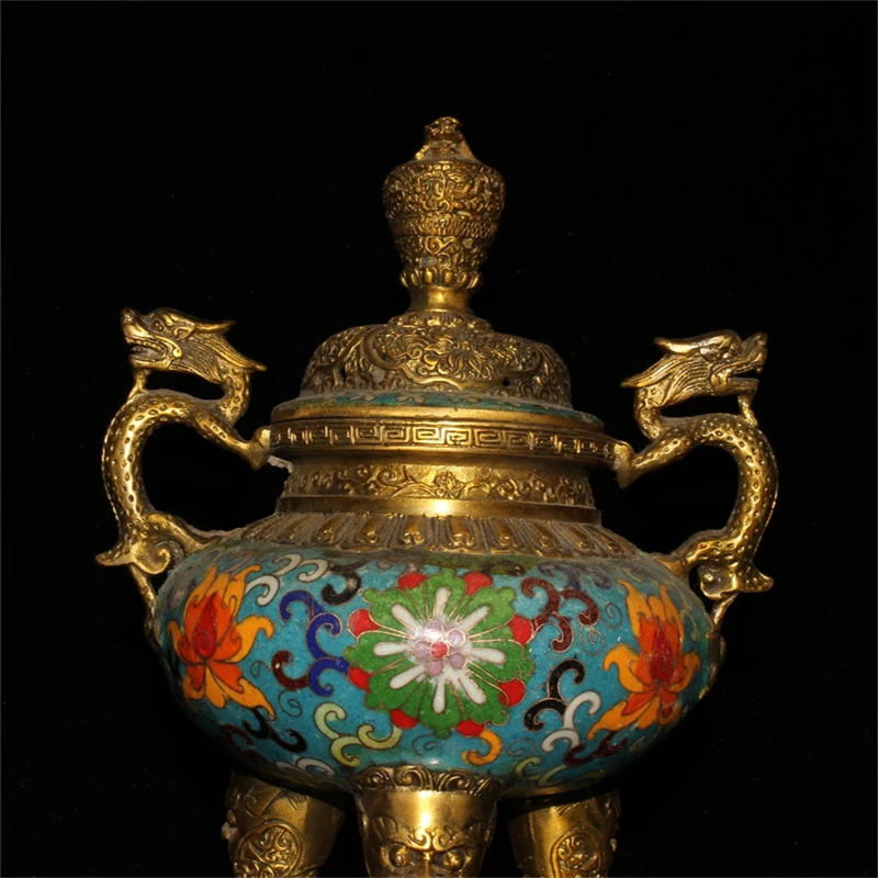 China's Old Beijing Collection Of  Copper Cloisonne Double Dragon Two Ear Three Leg Incense Burner