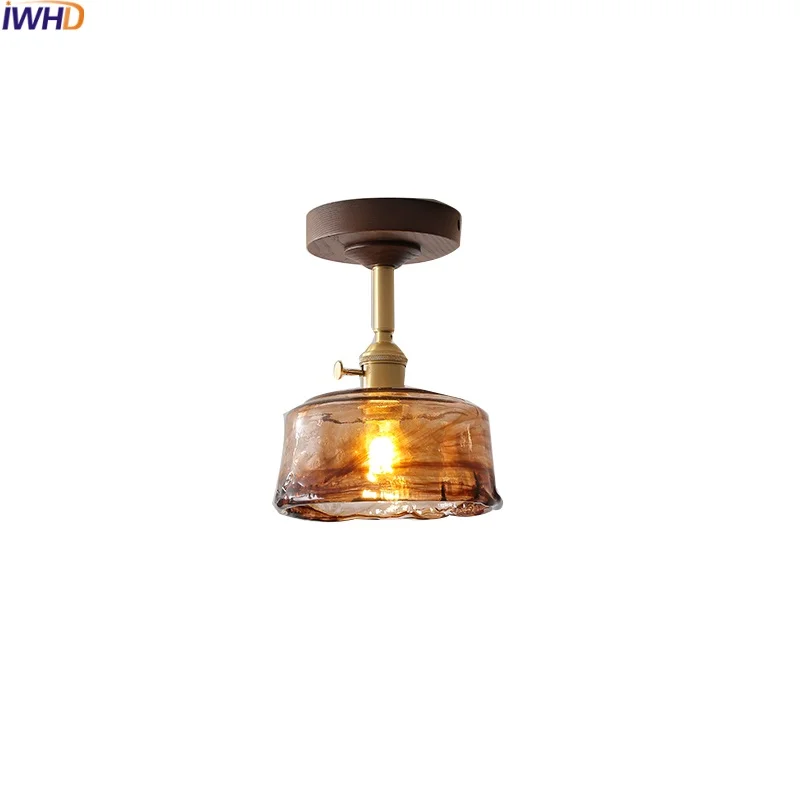 

IWHD Copper Glass LED Ceiling Lights Fixtures Home Decor Aisle Balcony Kitchen Amber Glass Modern Ceiling Lamp Lamparas De Techo