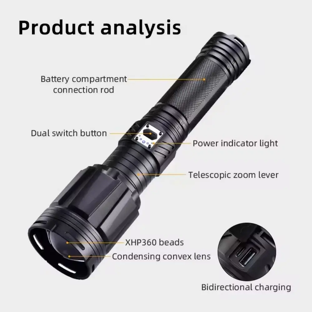 High Power Tactical XHP360 Flashlight Double Light Source Switch Lantern 7 Lighting Modes Rechargeable Lamp Torch With Indicator