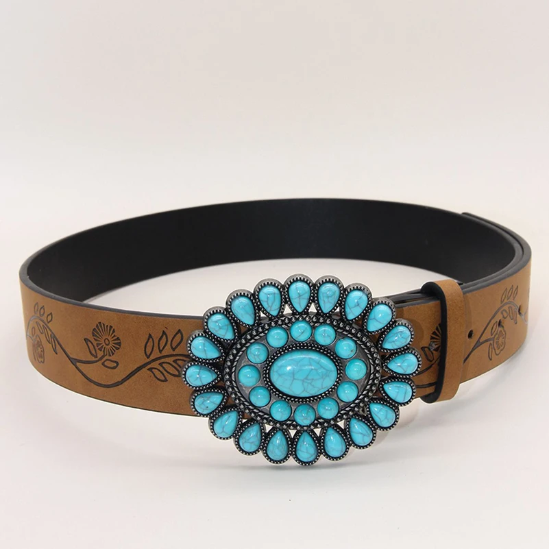 Western Flower Embossed PU Leather Turquoise Decoration Women Belt for Jeans