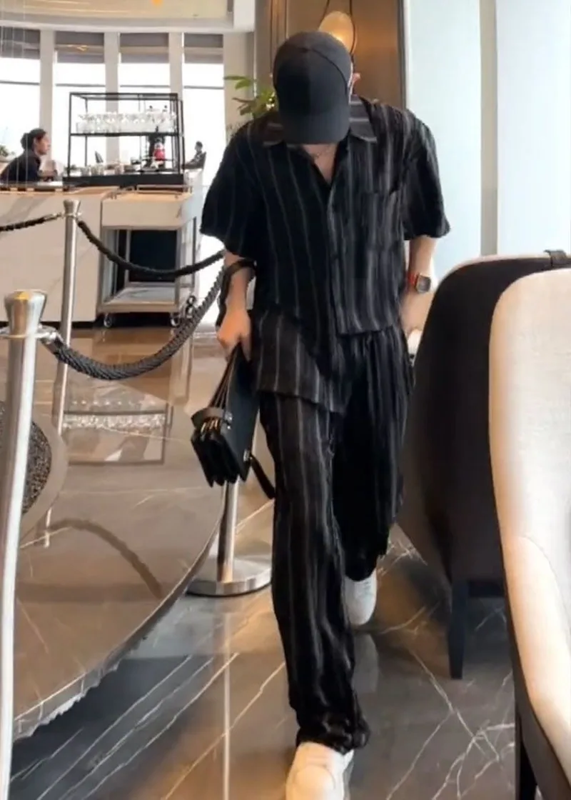 

Men Summer Thin Fashion Striped Shirt Set 2026 Loose Wrinkle Free Casual Long Pants Two Piece Outfit