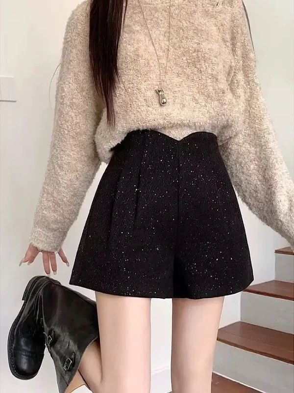 

plus Size Women's High Waist Wide Leg Pants Sequin Woolen ort Pants Autumn Winter New Sle Korean Version A-Line Bootcut