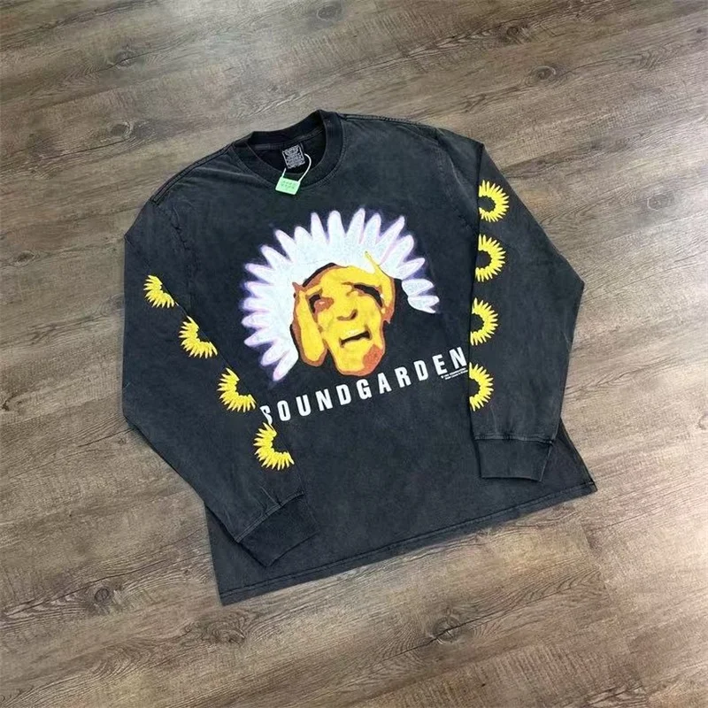 

Oversized Man Woman Pattern Print Saint Long Sleeve T-Shirt Best Quality Vintage Washed Black T Shirt Cotton With Tags